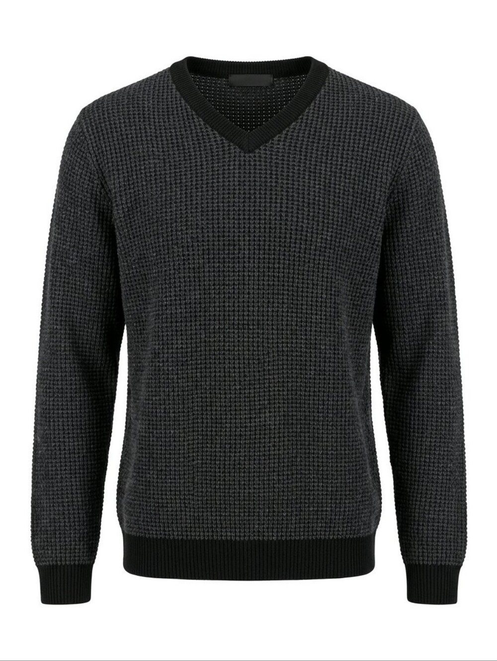 Black V-Neck Sweater with Ribbed Knit Texture and Relaxed Fit